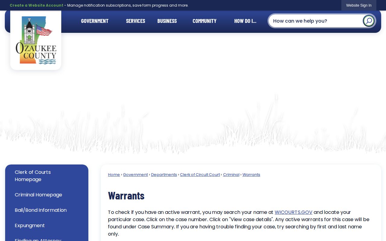 Ozaukee County official warrant-check instructions for an active warrant record