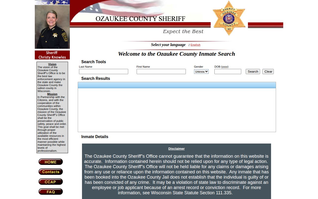 Ozaukee County current-custody booking record search interface